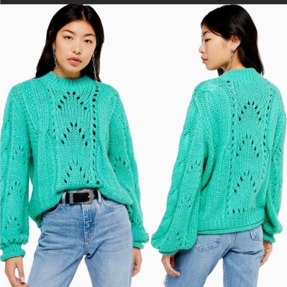 Topshop Women's Cable Knit Sweater Green Turquoise Pullover Sweater (8-10) M New - Picture 1 of 5